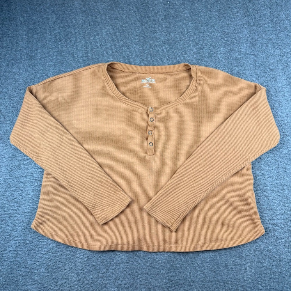 Hollister Henley Top Women's Large Brown Waffle Knit Long Sleeve Thermal Shirt